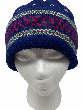 Turtle Fur Kids Vtg Wool Hat Beanie Pom Made in Vermont Ski Blue Fair Isle 90s